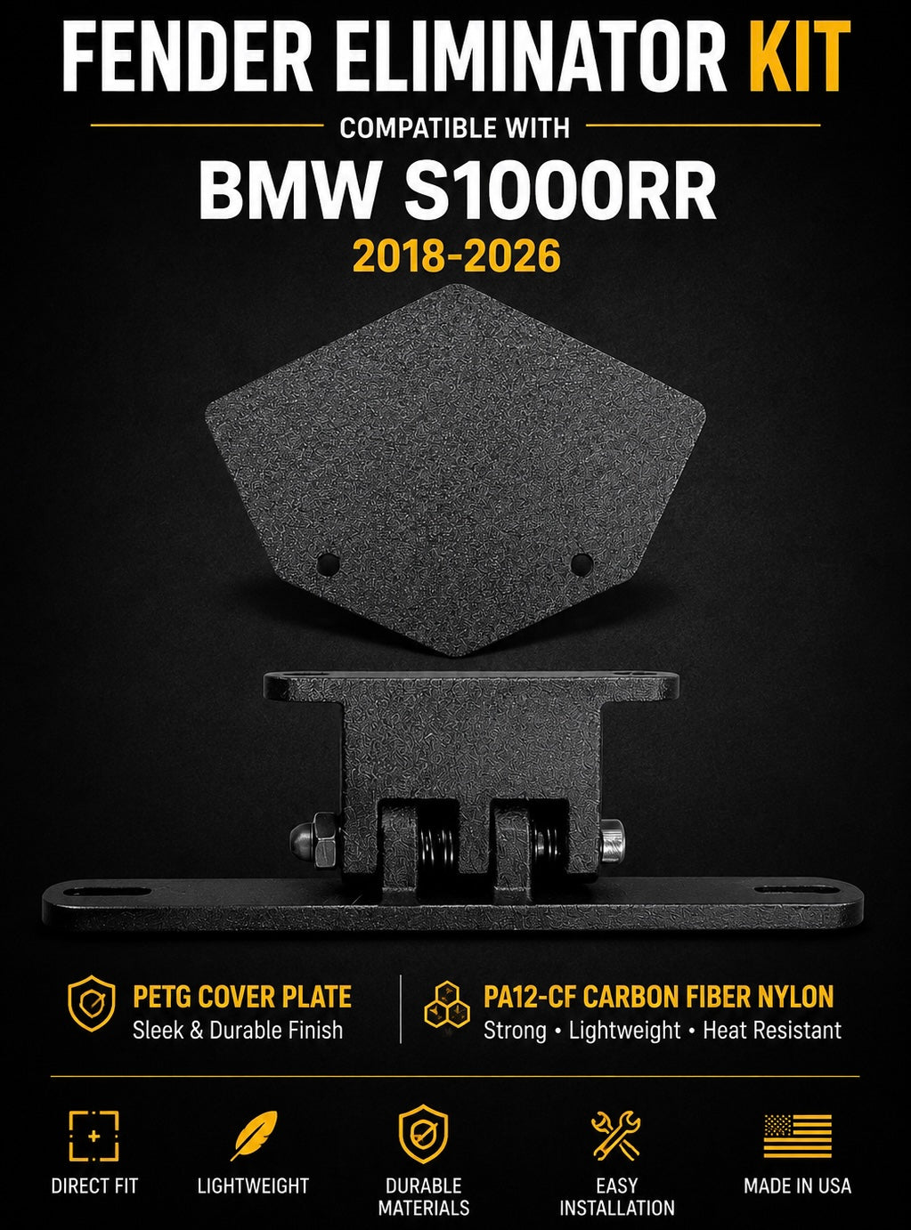 Fender Eliminator Kit compatible with BMW S1000RR 2018-2026, PETG Cover Plate and PA12-CF Carbon Fiber Nylon License Plate Holder