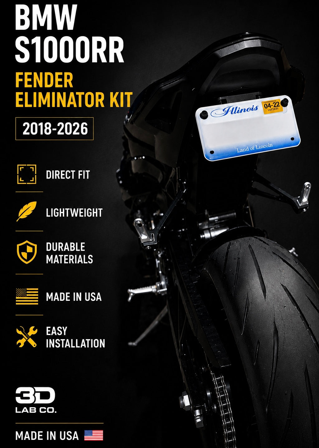Fender Eliminator Kit compatible with BMW S1000RR 2018-2026, PETG Cover Plate and PA12-CF Carbon Fiber Nylon License Plate Holder